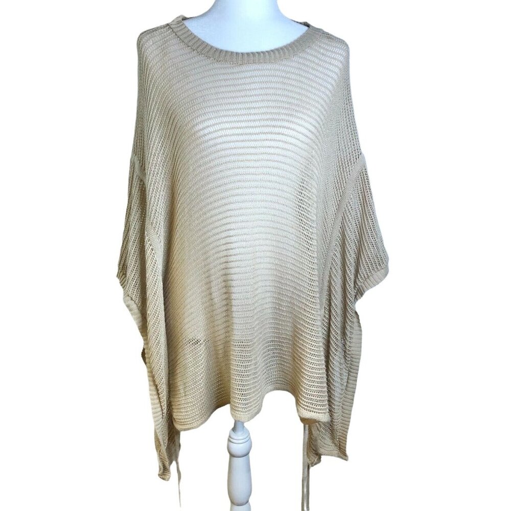 Ana A New Approach 3X Beige Open-Knit Poncho Sweater With Side Ties Beach Pool